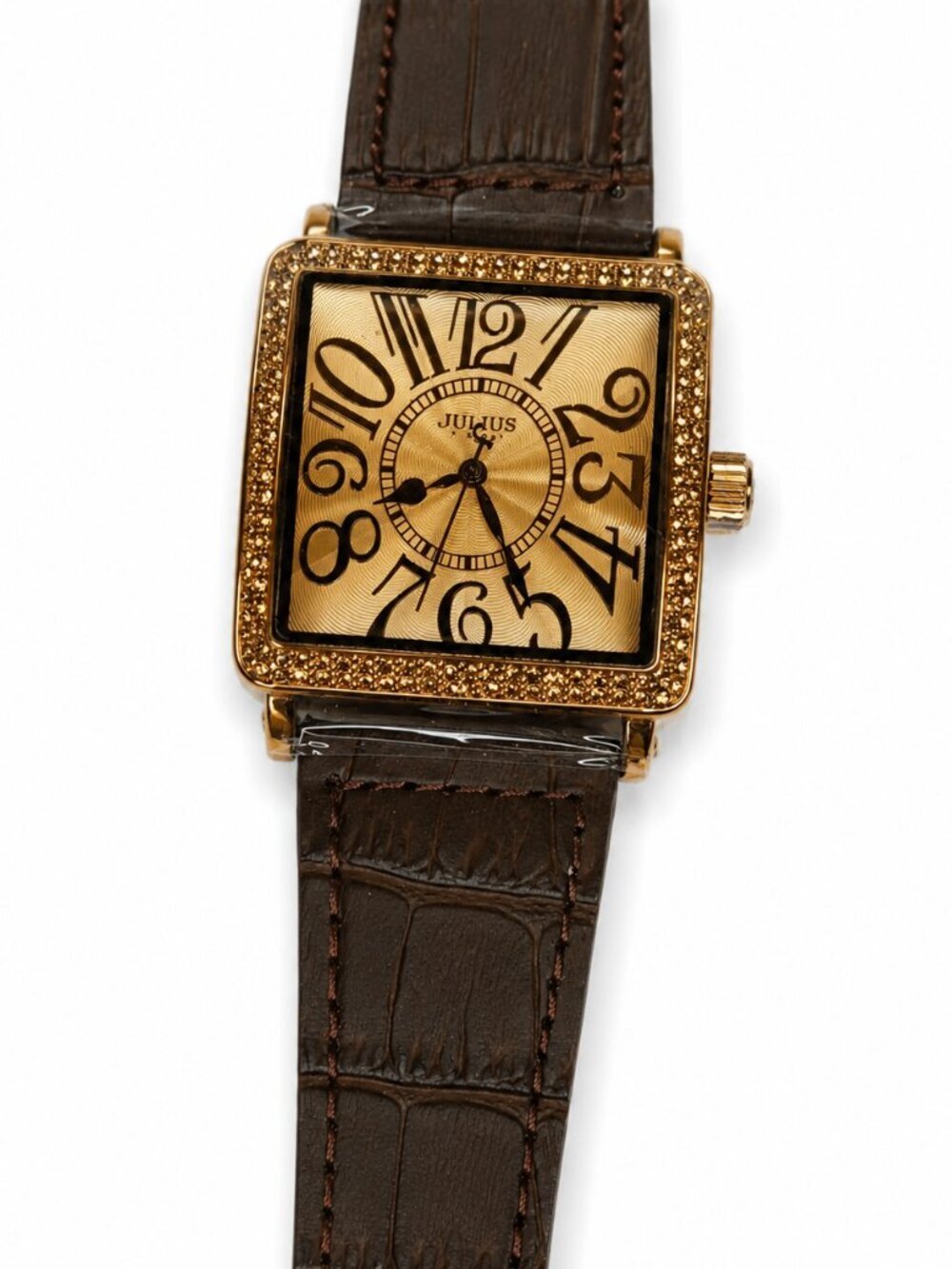 JULIUS Women's Rose Gold Square Watch Brown Genuine Leather Strap Crystal Bezel - Picture 2 of 6
